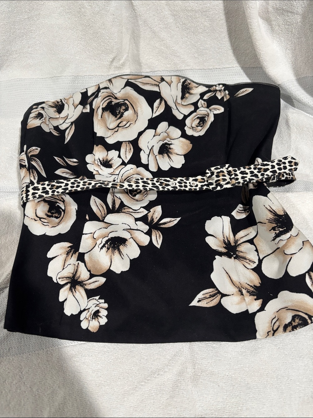 White House Black Market Black Strapless Floral Top with Leopard Belt